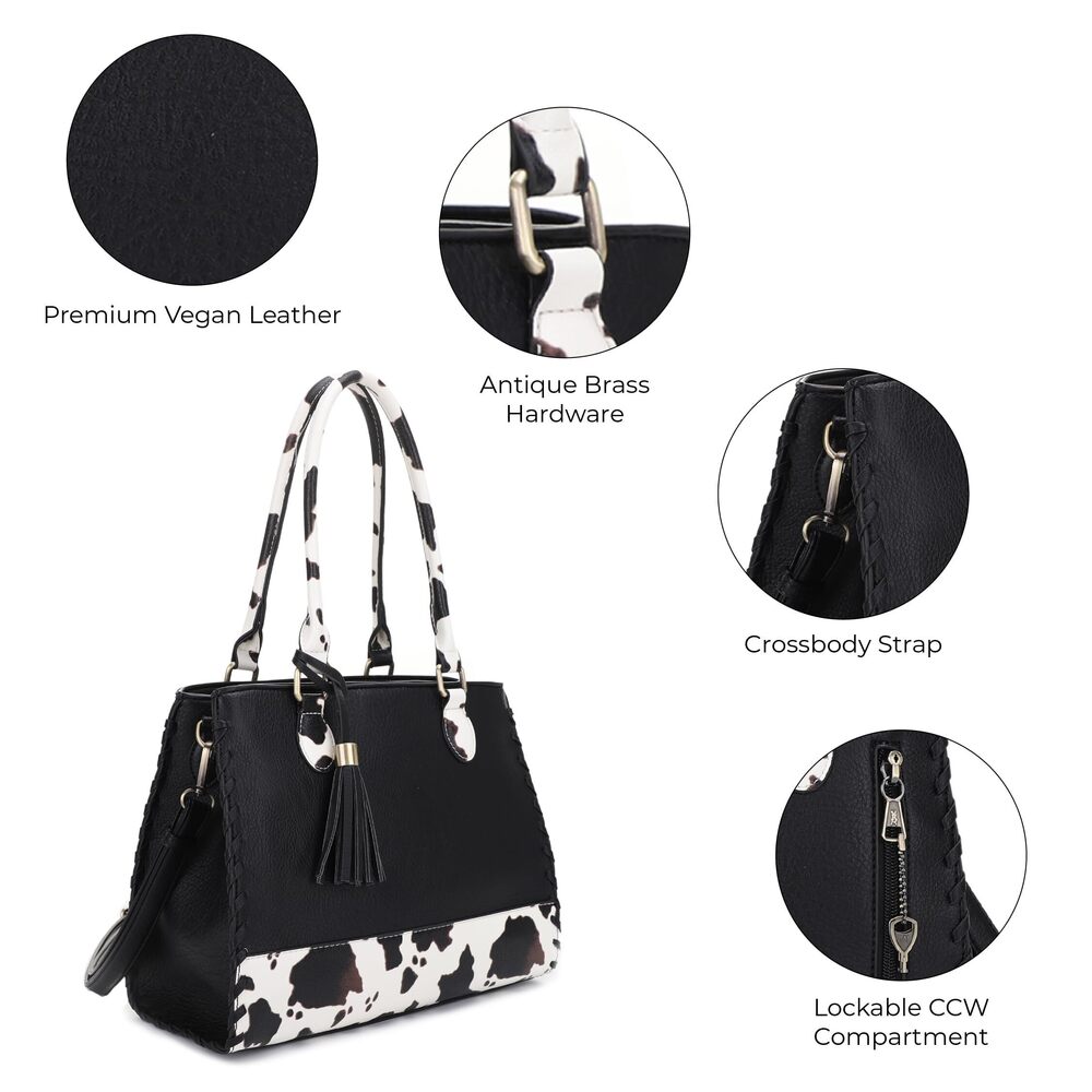 6330 Montana Whipstitching Cow Print Top Handle Satchel Purse - Picture 3 of 6